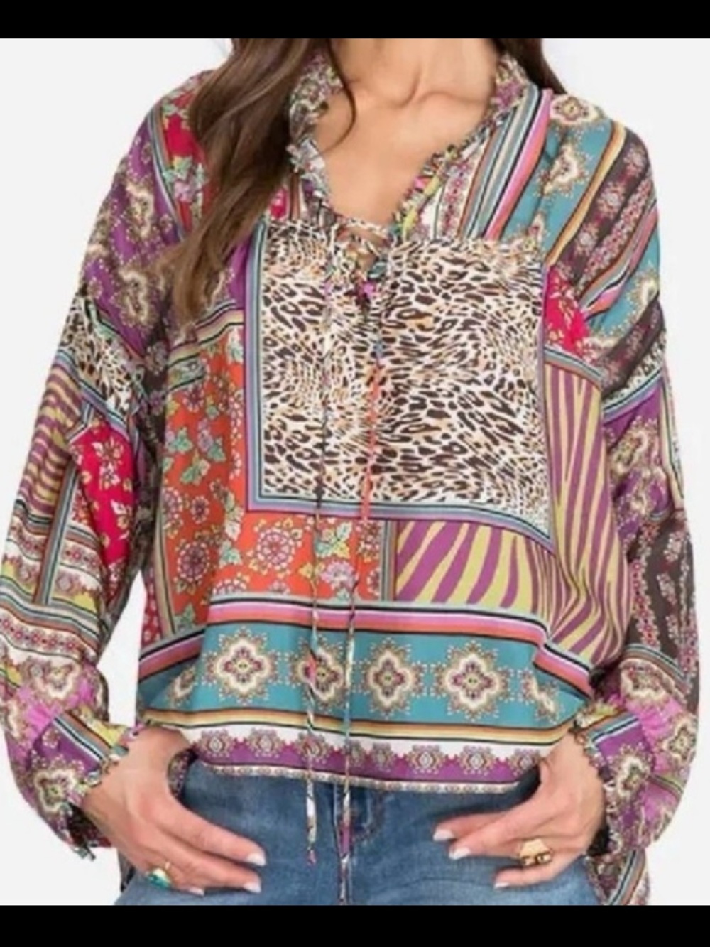 JOHNNY WAS Patch Finn Blouse Top Silk Lace Up